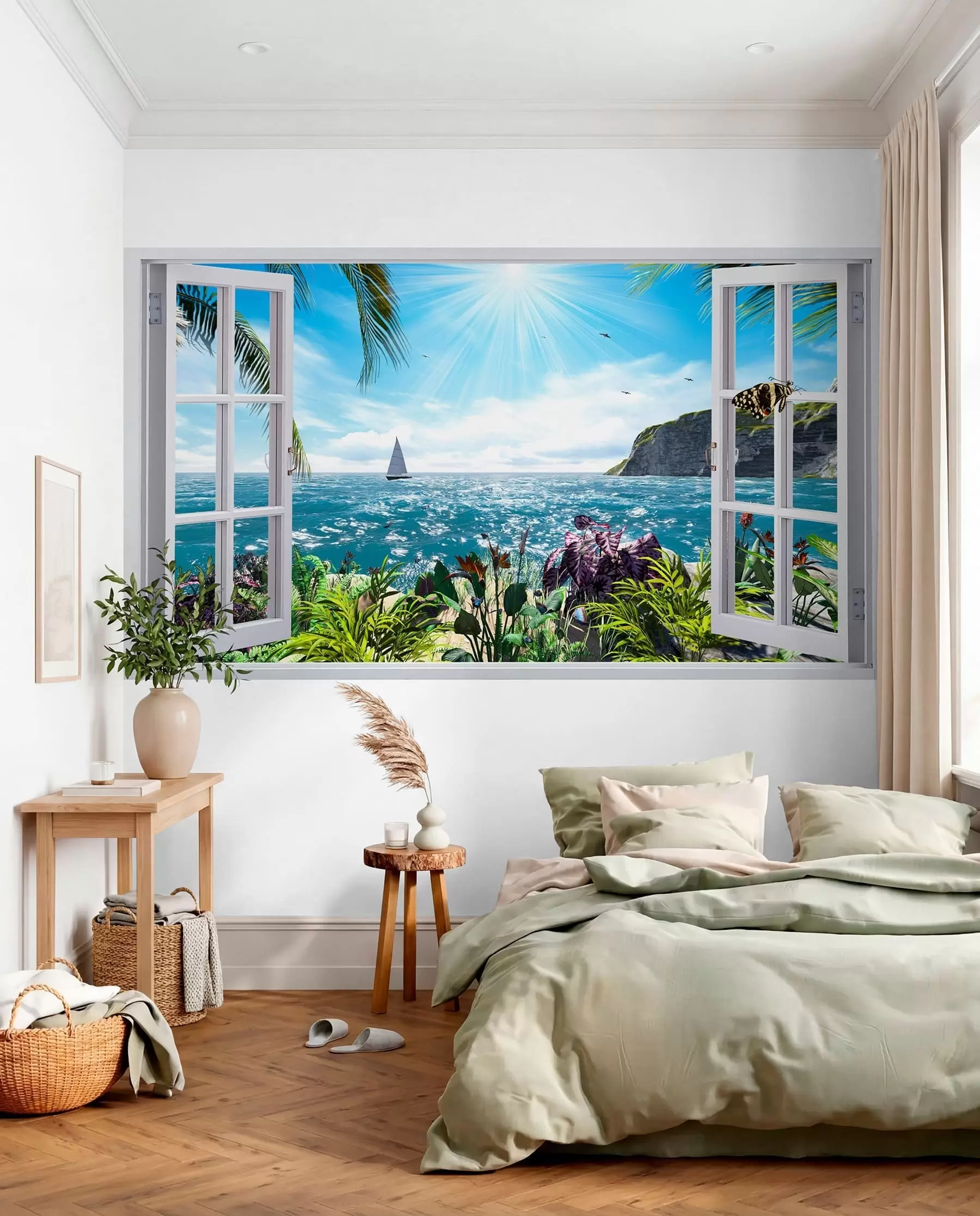 Fototapete Blick aus dem Fenster auf das Meer und die Yacht u54608