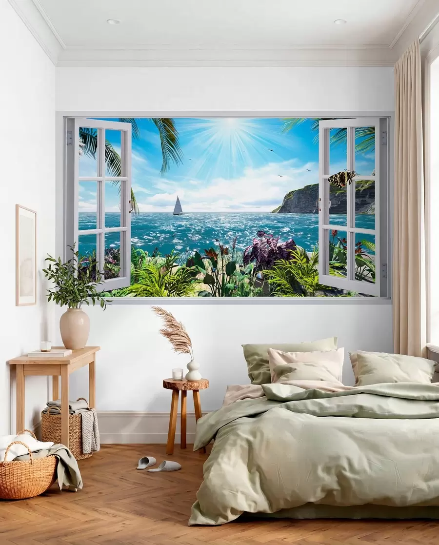 Fototapete Blick aus dem Fenster auf das Meer und die Yacht u54608
