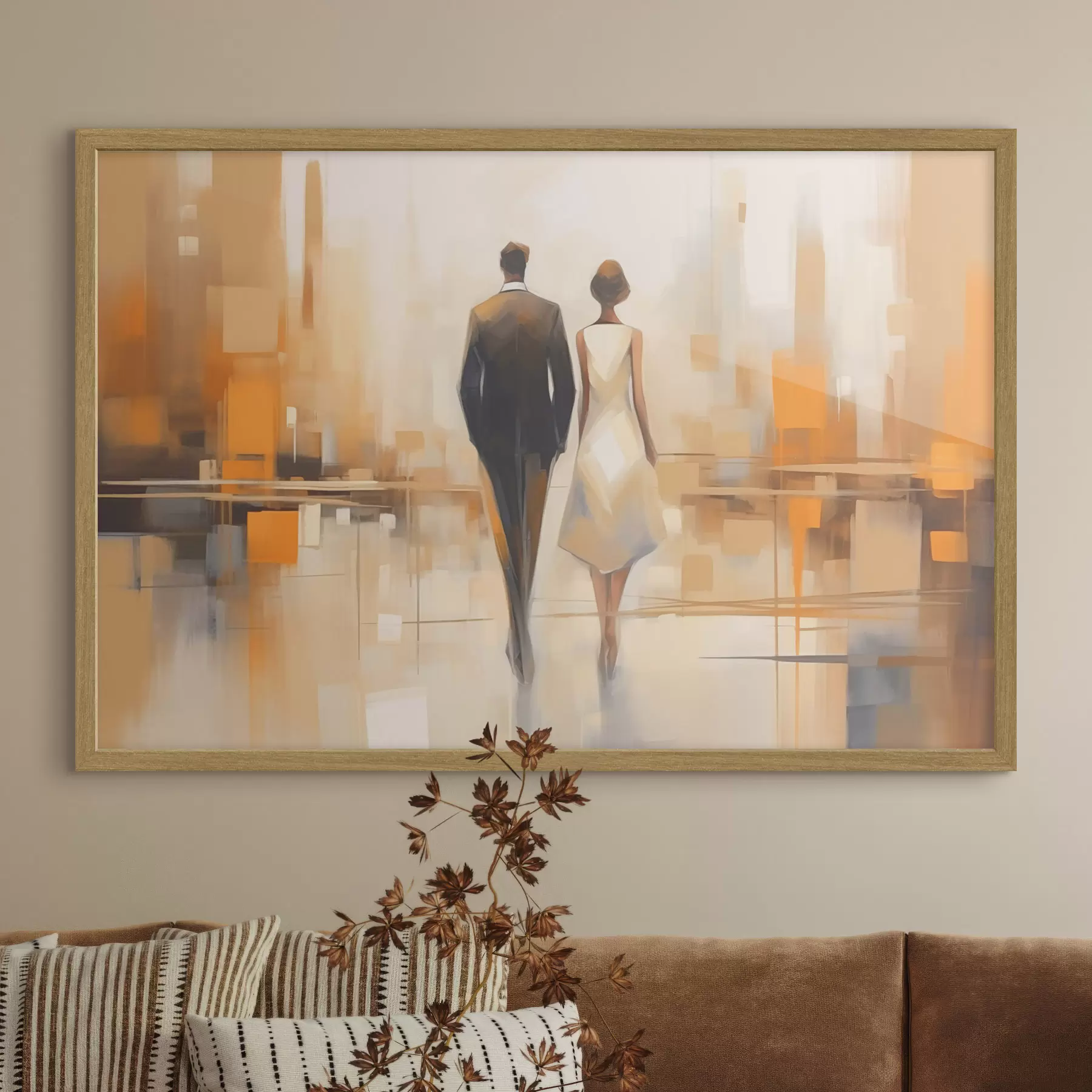 Fototapete Abstraktion mit Stadtsilhouetten und zwei Figuren f43516