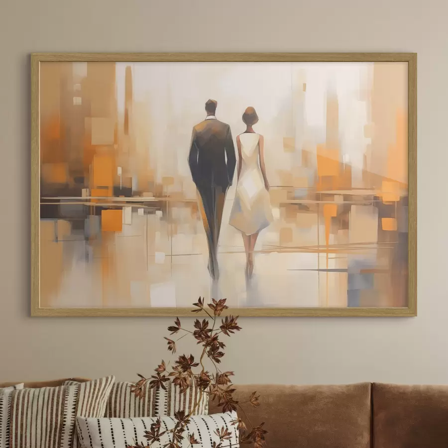 Fototapete Abstraktion mit Stadtsilhouetten und zwei Figuren f43516