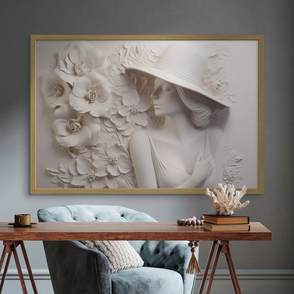 Poster Nachgeahmtes Flachrelief einer Frau mit Hut f43547