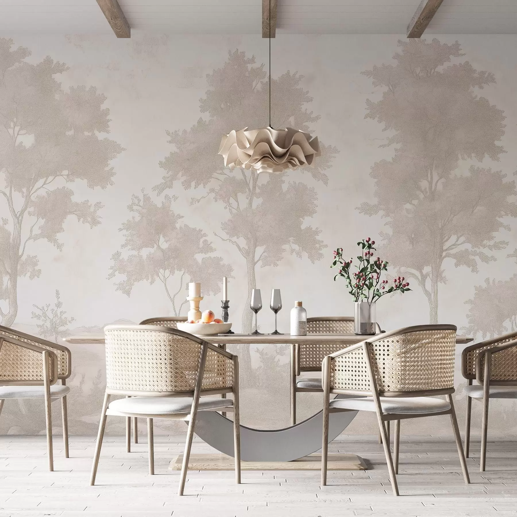 Fototapete Bäume auf dem Hügel, Pastell-Stil Zeichnung, beige Farben, rustikal w03550