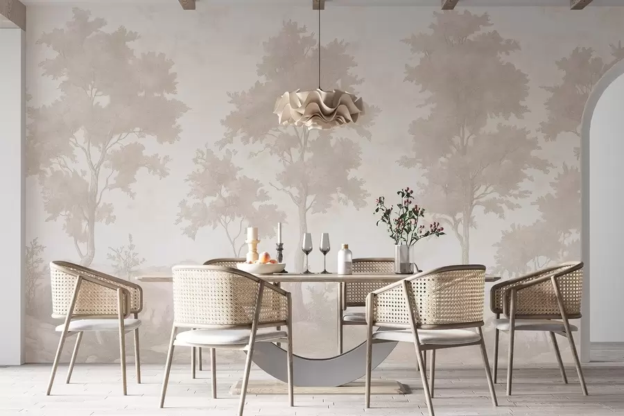 Fototapete Bäume auf dem Hügel, Pastell-Stil Zeichnung, beige Farben, rustikal w03550