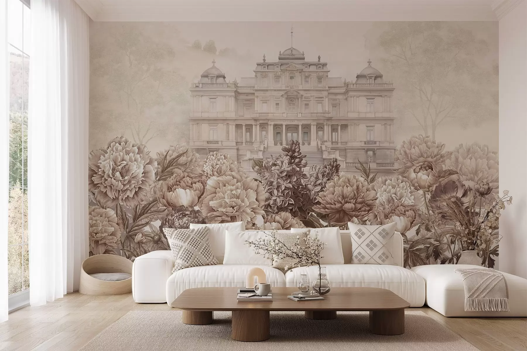 Fototapete Königlicher Palast mit Pfingstrose Garten, Aquarell-Stil, Natur, beige Farben, Boho w03552