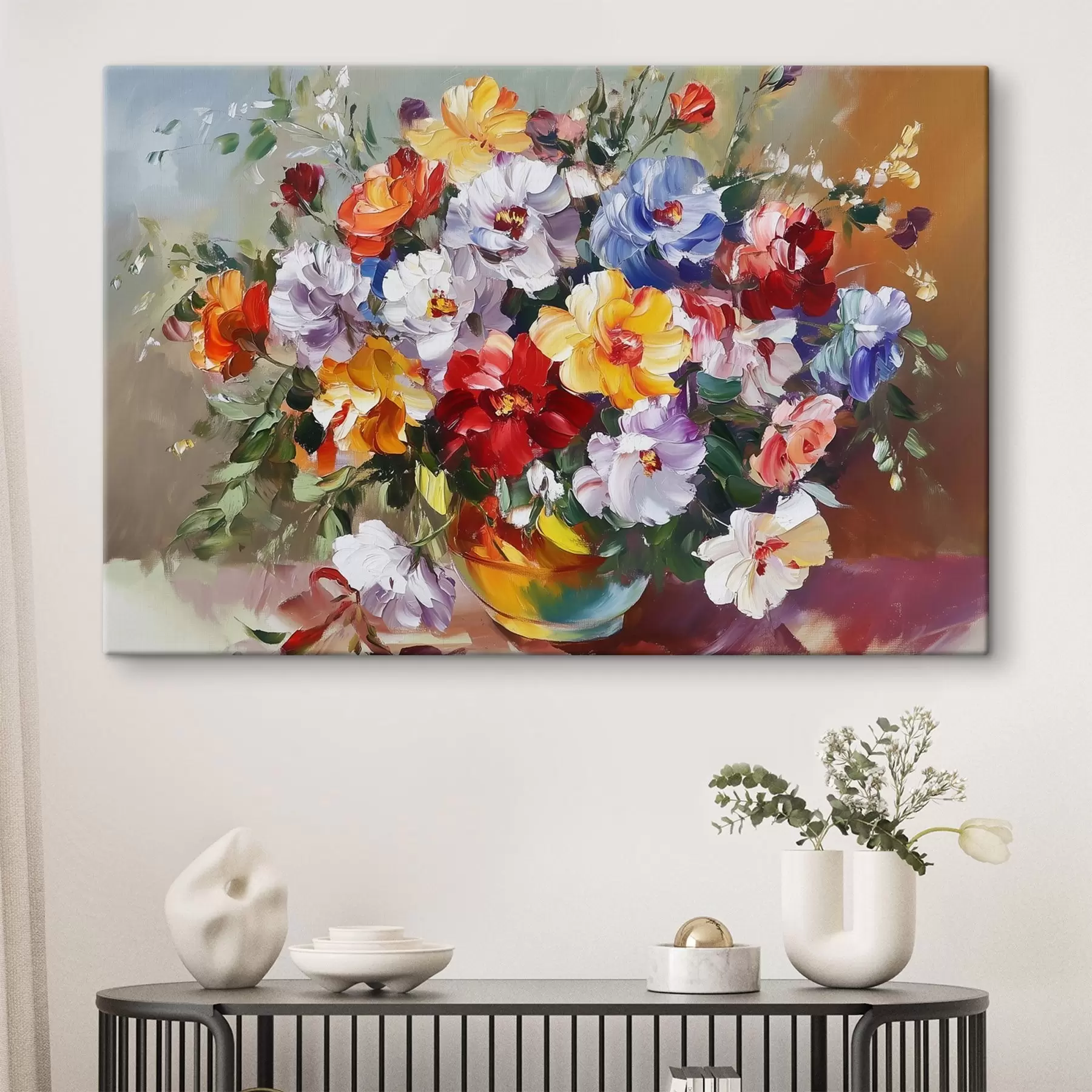 Fototapete Mehrfarbige Blumen in einer Vase im Stil von Ölfarben s43909