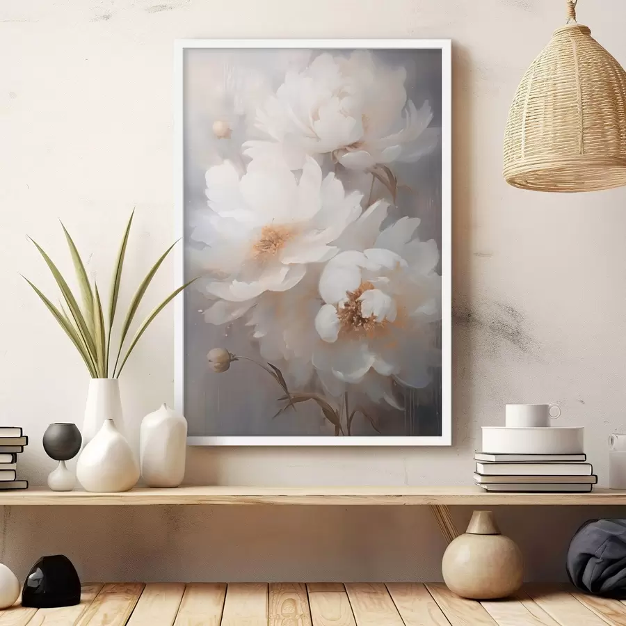 Fototapete Weiße Blumen und Stängel auf unscharfem Hintergrund f43473
