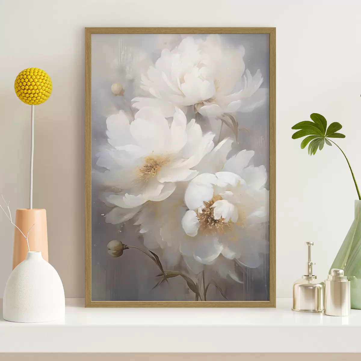 Poster Weiße Blumen und Stängel auf unscharfem Hintergrund f43473