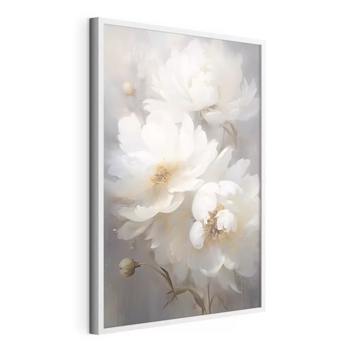 Poster Weiße Blumen und Stängel auf unscharfem Hintergrund f43473