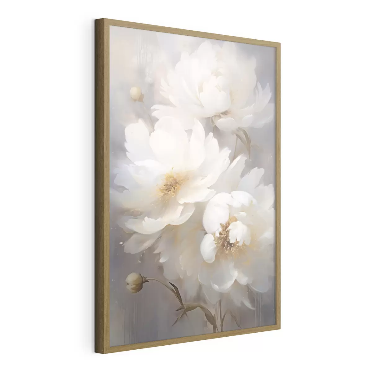 Poster Weiße Blumen und Stängel auf unscharfem Hintergrund f43473