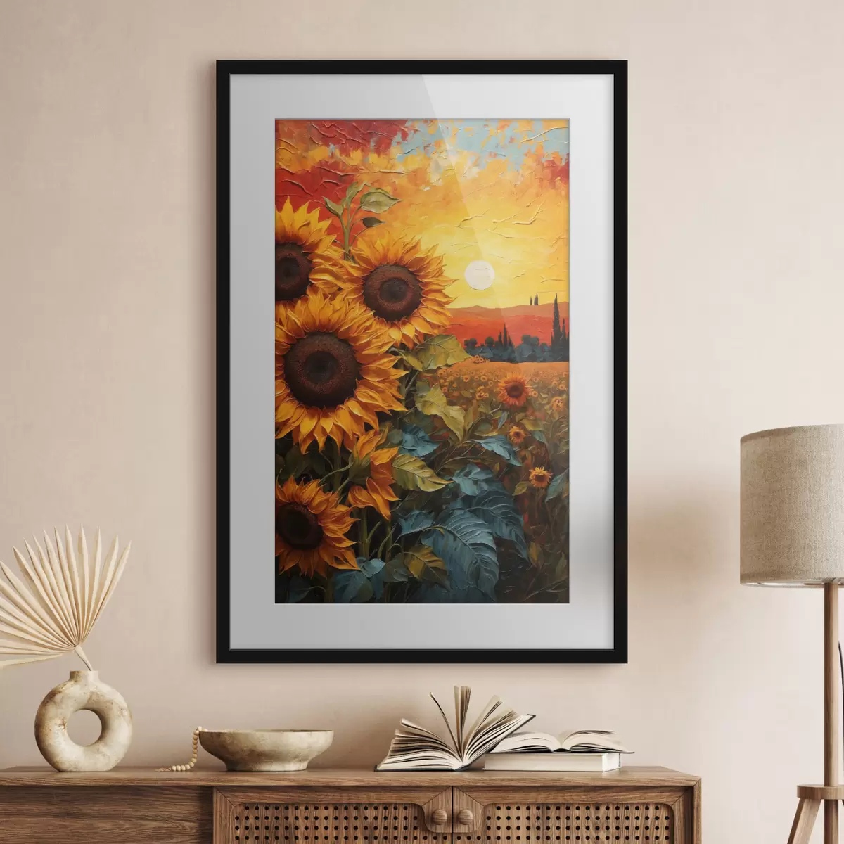 Poster Sonnenblumenfeld bei Sonnenuntergang f43460