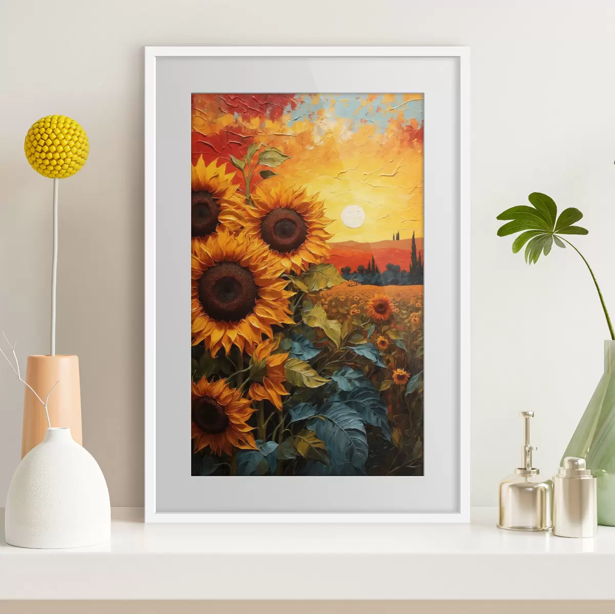 Poster Sonnenblumenfeld bei Sonnenuntergang f43460