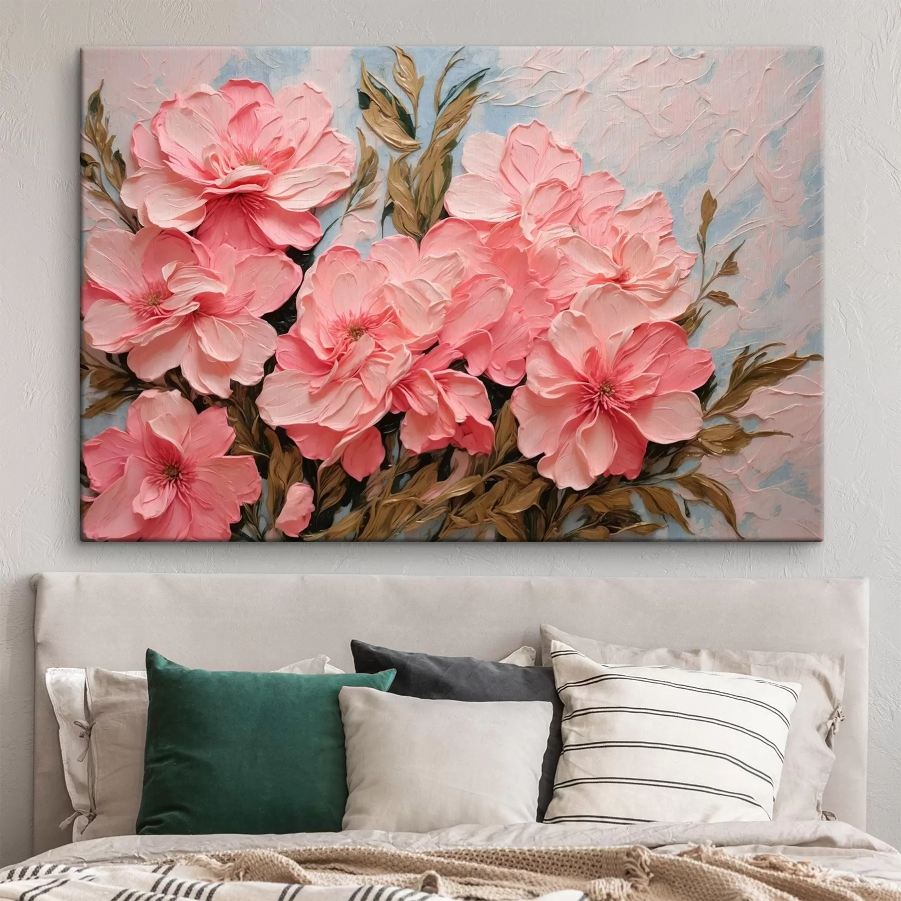 Fototapete Rosa Blumen und Blätter im Stil der Ölmalerei s43453