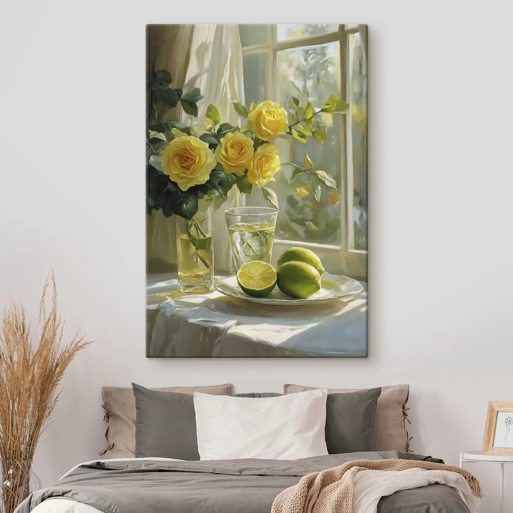 Fototapete Schöne gelbe Rosen in der Vase neben dem Fenster, Wasser mit Limetten s43886