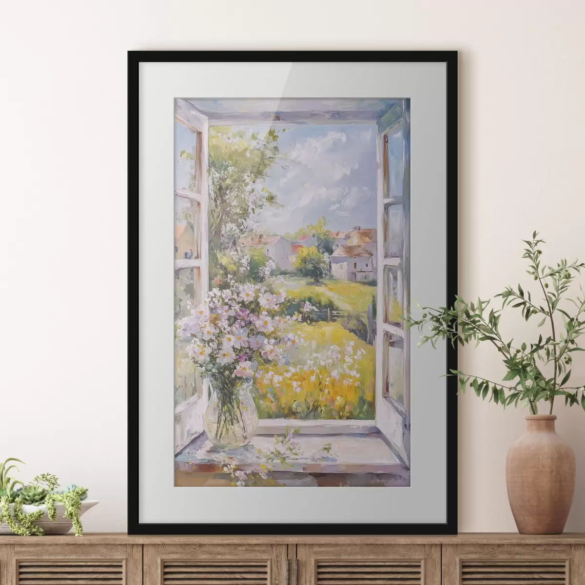 Poster Sommer auf dem Dorf, rustikal, Ölzeichnung, Blumen in Vase f43889