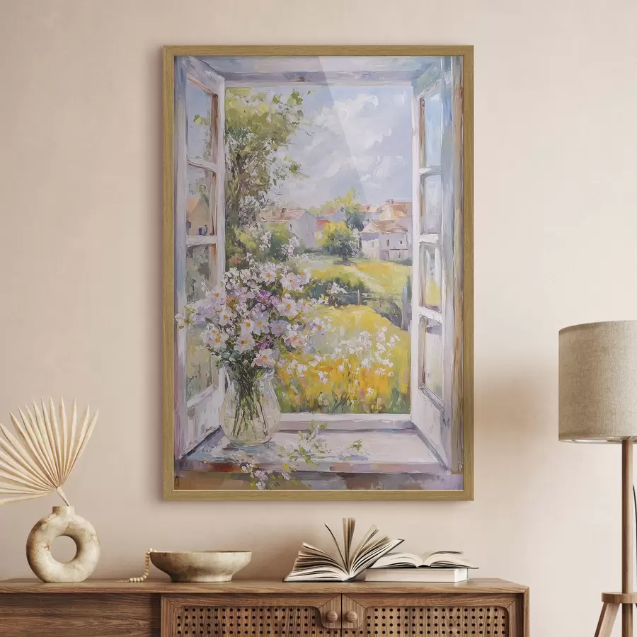 Fototapete Sommer auf dem Dorf, rustikal, Ölzeichnung, Blumen in Vase f43889