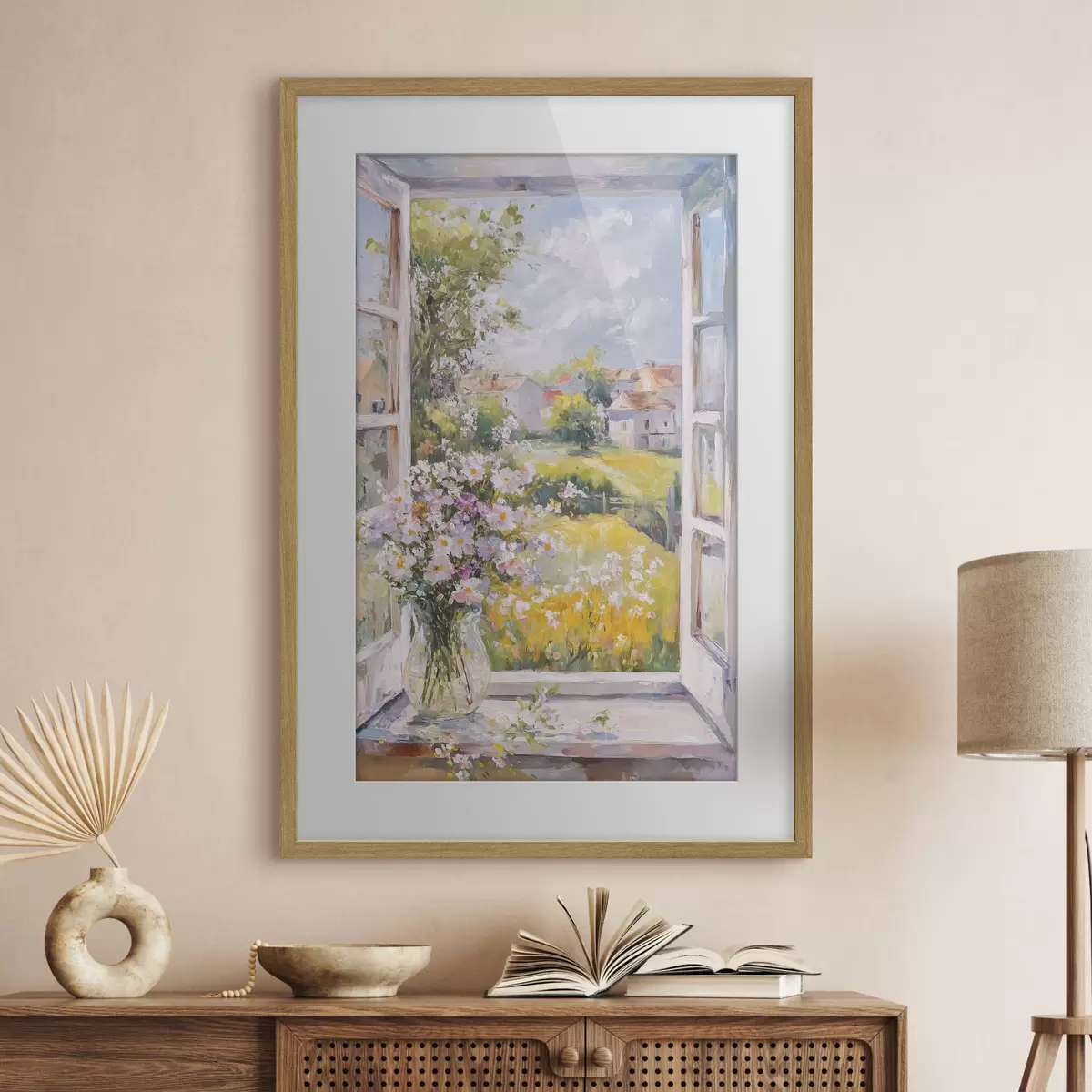Poster Sommer auf dem Dorf, rustikal, Ölzeichnung, Blumen in Vase f43889