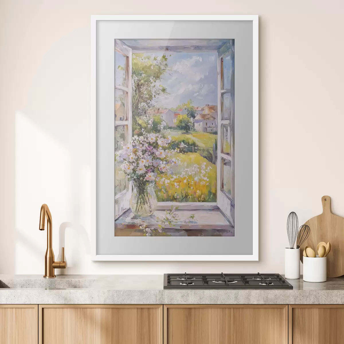 Poster Sommer auf dem Dorf, rustikal, Ölzeichnung, Blumen in Vase f43889