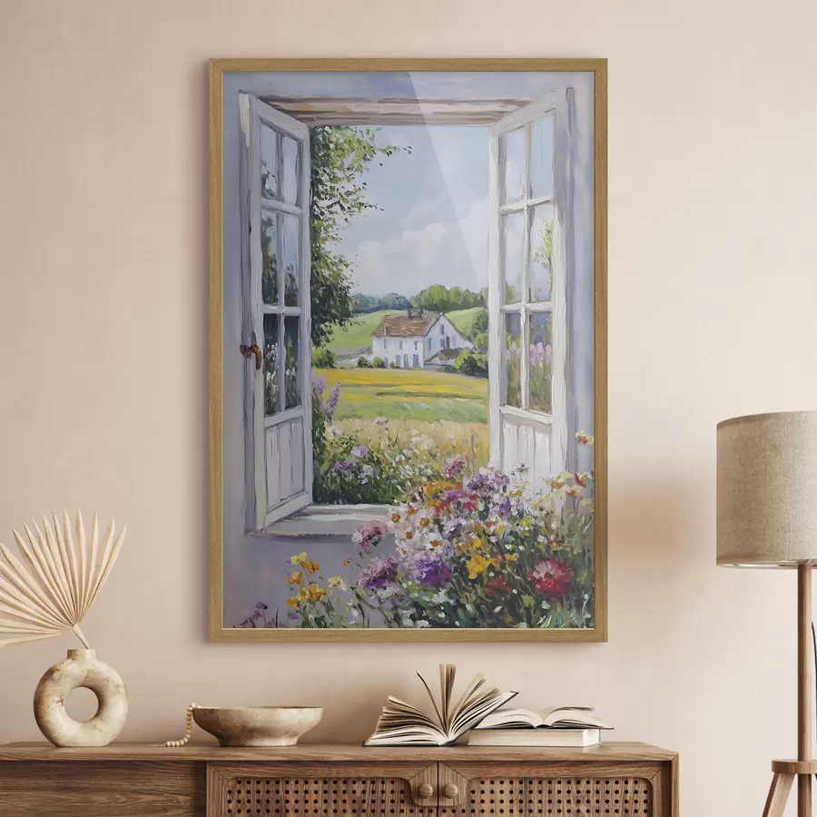 Fototapete Dorflandschaften im Holzfenster, Blumen, Felder, Öl-Stil, Bauernhaus f43888