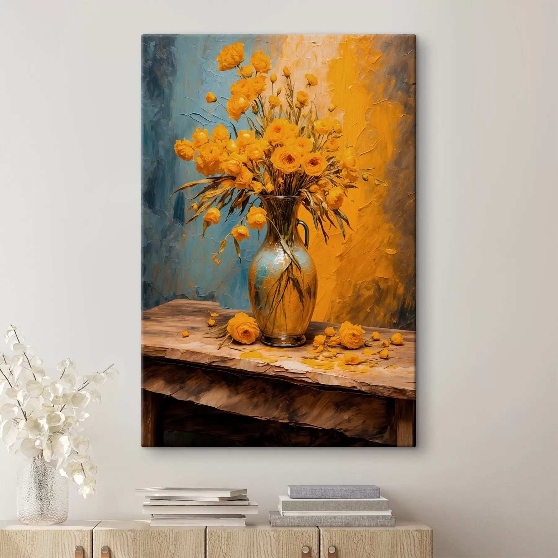 Fototapete Gelbe Blumen in einer Vase auf einem Tisch s43462