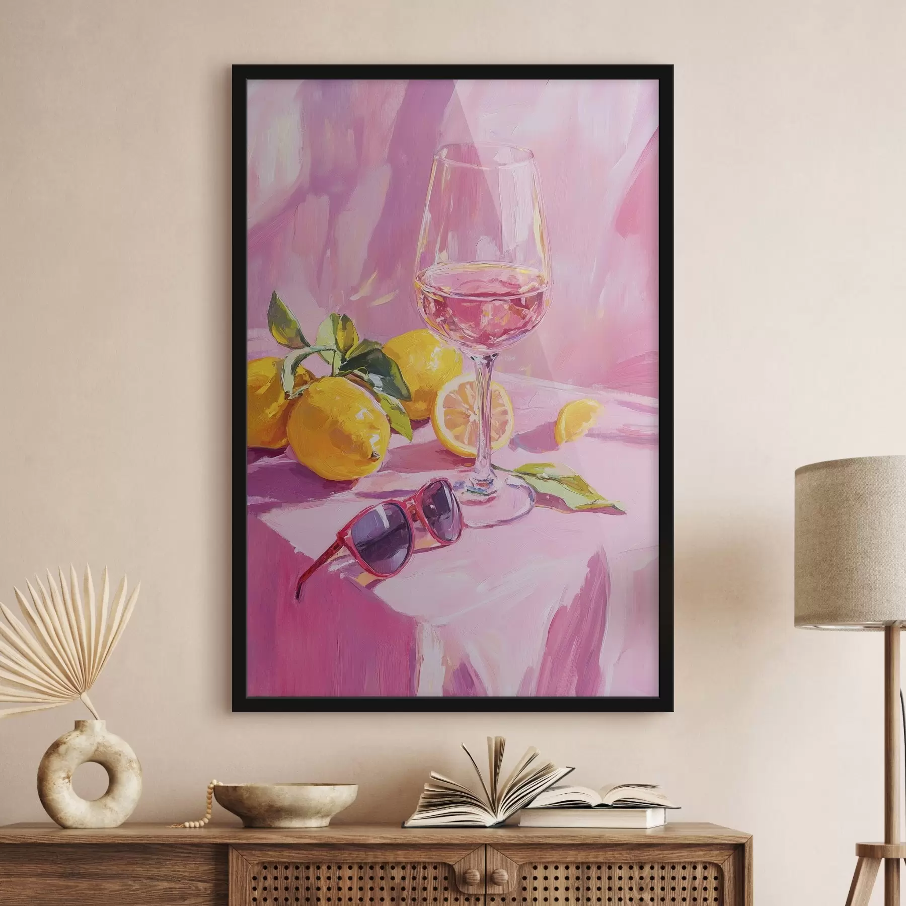 Fototapete Glas Wein mit Zitronen, Sonnenbrille, Abstraktion, Öl-Stil Zeichnung, rosa Farben f43883