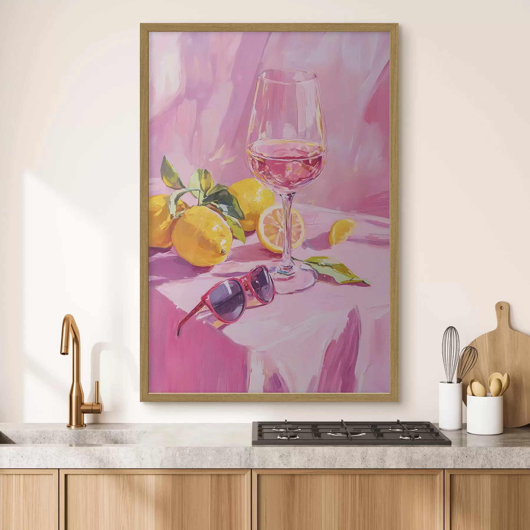 Fototapete Glas Wein mit Zitronen, Sonnenbrille, Abstraktion, Öl-Stil Zeichnung, rosa Farben f43883
