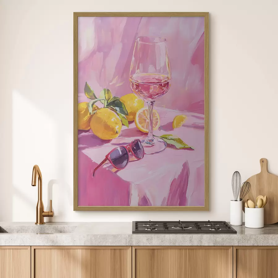 Fototapete Glas Wein mit Zitronen, Sonnenbrille, Abstraktion, Öl-Stil Zeichnung, rosa Farben f43883