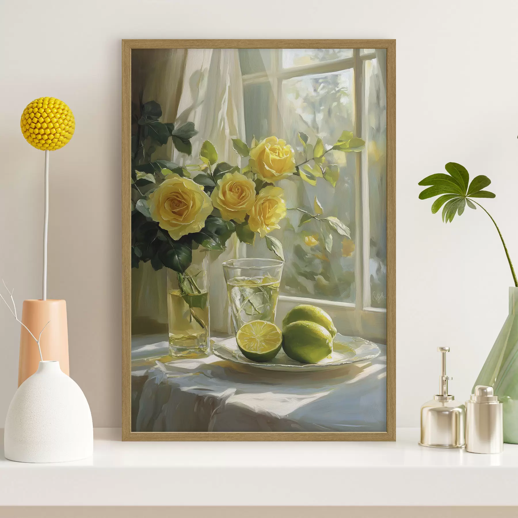 Fototapete Schöne gelbe Rosen in der Vase neben dem Fenster, Wasser mit Limetten f43886