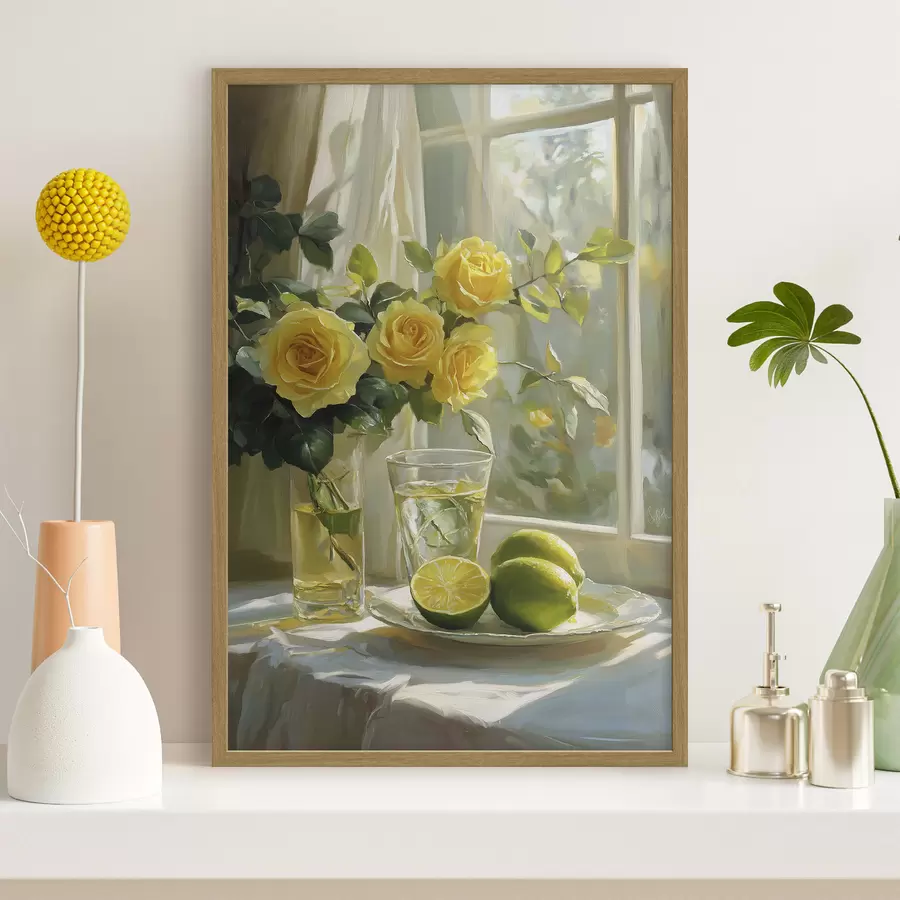 Fototapete Schöne gelbe Rosen in der Vase neben dem Fenster, Wasser mit Limetten f43886