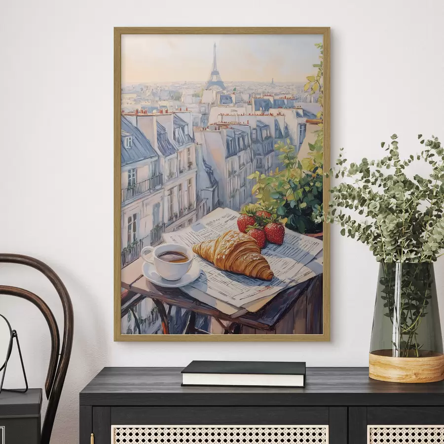 Fototapete Sonnenaufgang auf dem Balkon in Paris, Eiffelturm, Erdbeeren, Kaffee, Tagebuch f43890