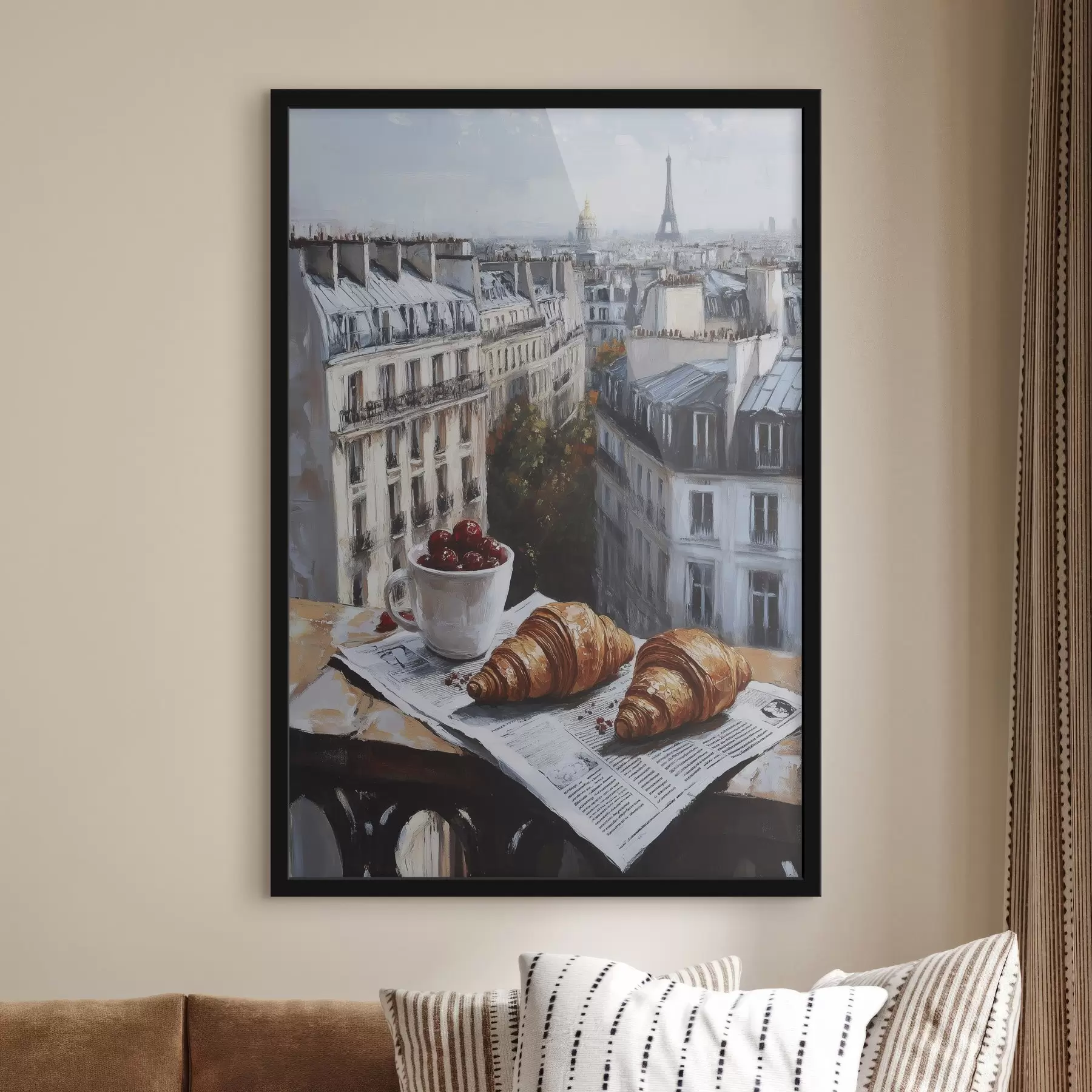 Fototapete Pariser Morgen, Kaffee mit Croissants, Stadtansicht, Zeichnung in Öl f43892