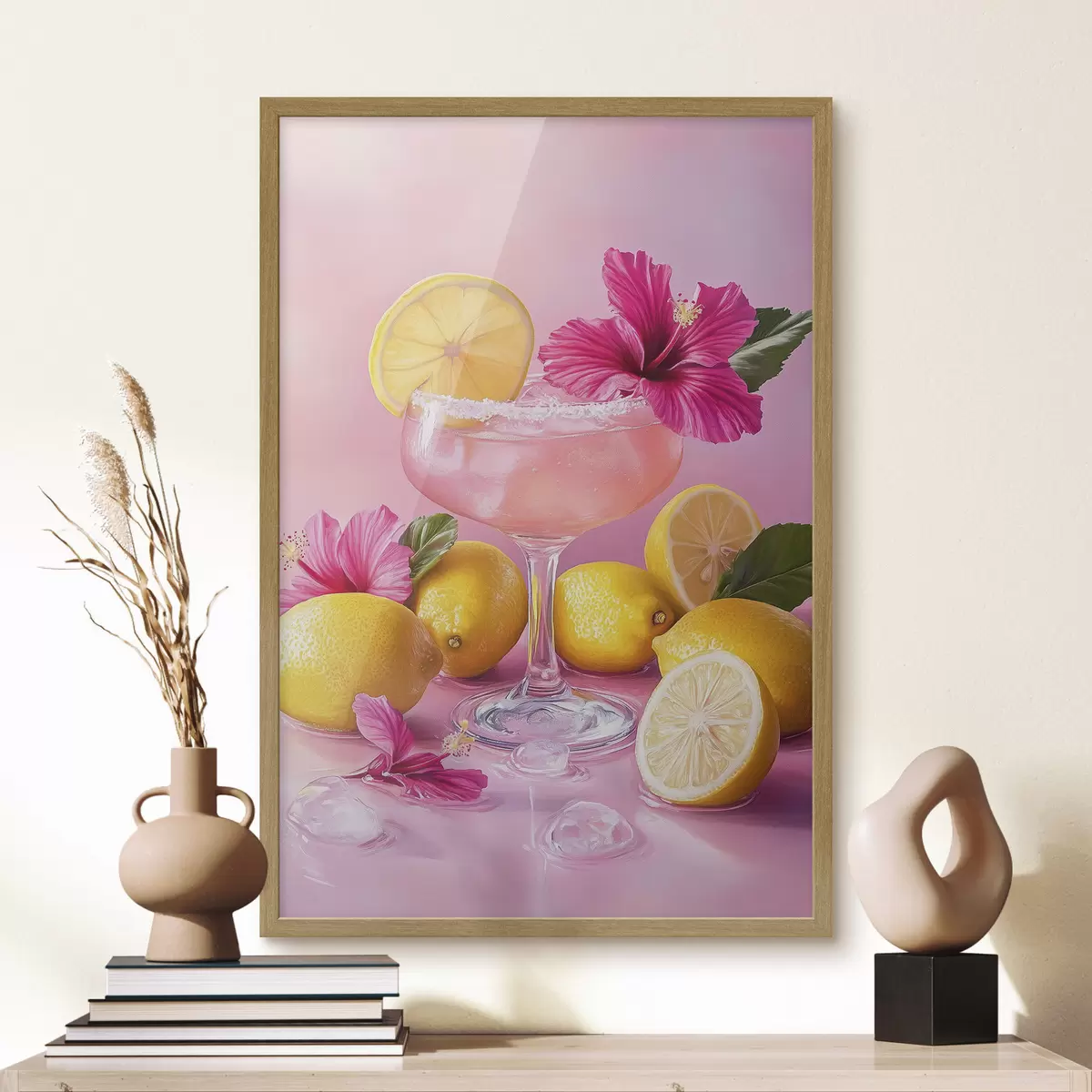 Poster Sommercocktail mit Blumen und Zitronen, rosa Farben, Aquarellstil f43895