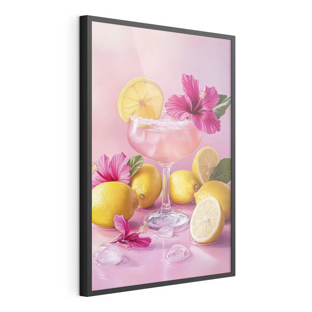 Poster Sommercocktail mit Blumen und Zitronen, rosa Farben, Aquarellstil f43895