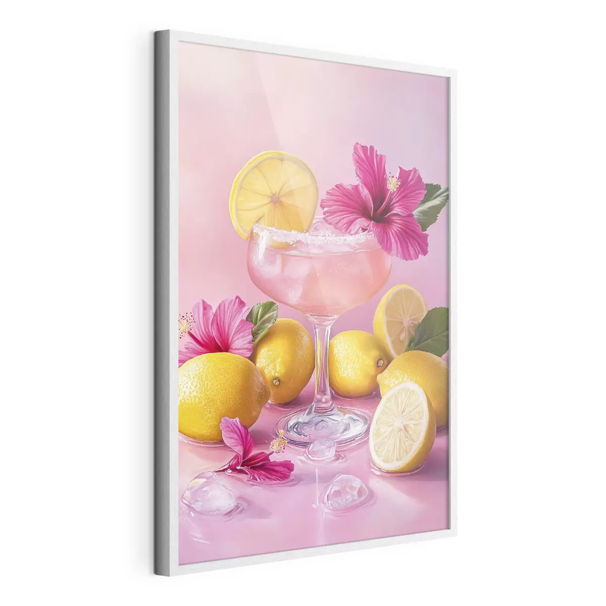Poster Sommercocktail mit Blumen und Zitronen, rosa Farben, Aquarellstil f43895