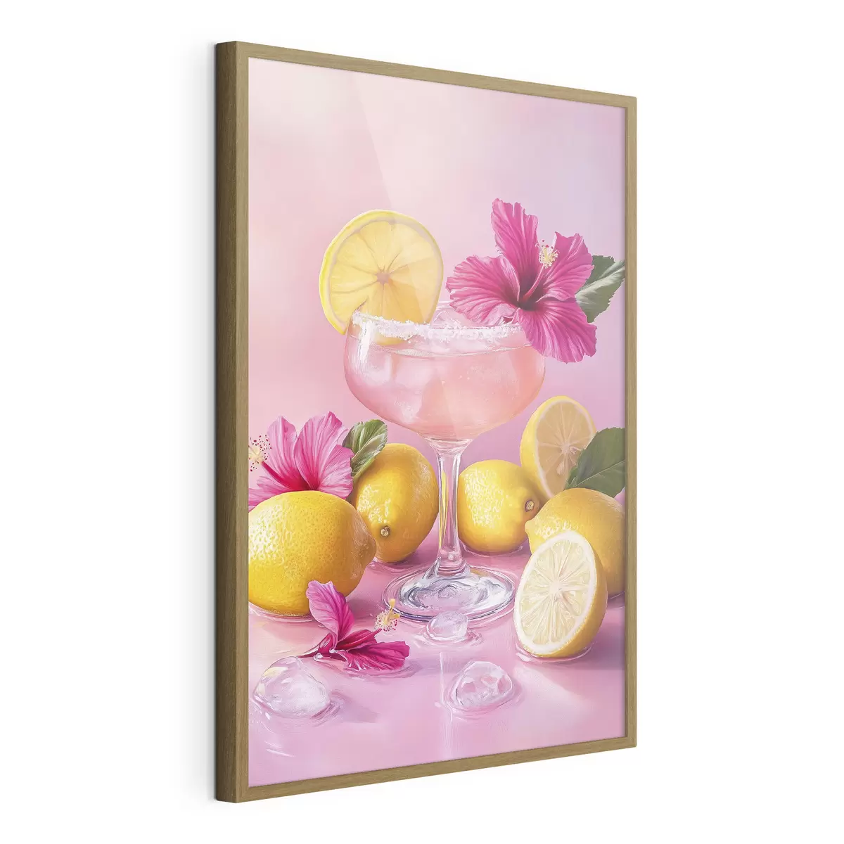Poster Sommercocktail mit Blumen und Zitronen, rosa Farben, Aquarellstil f43895