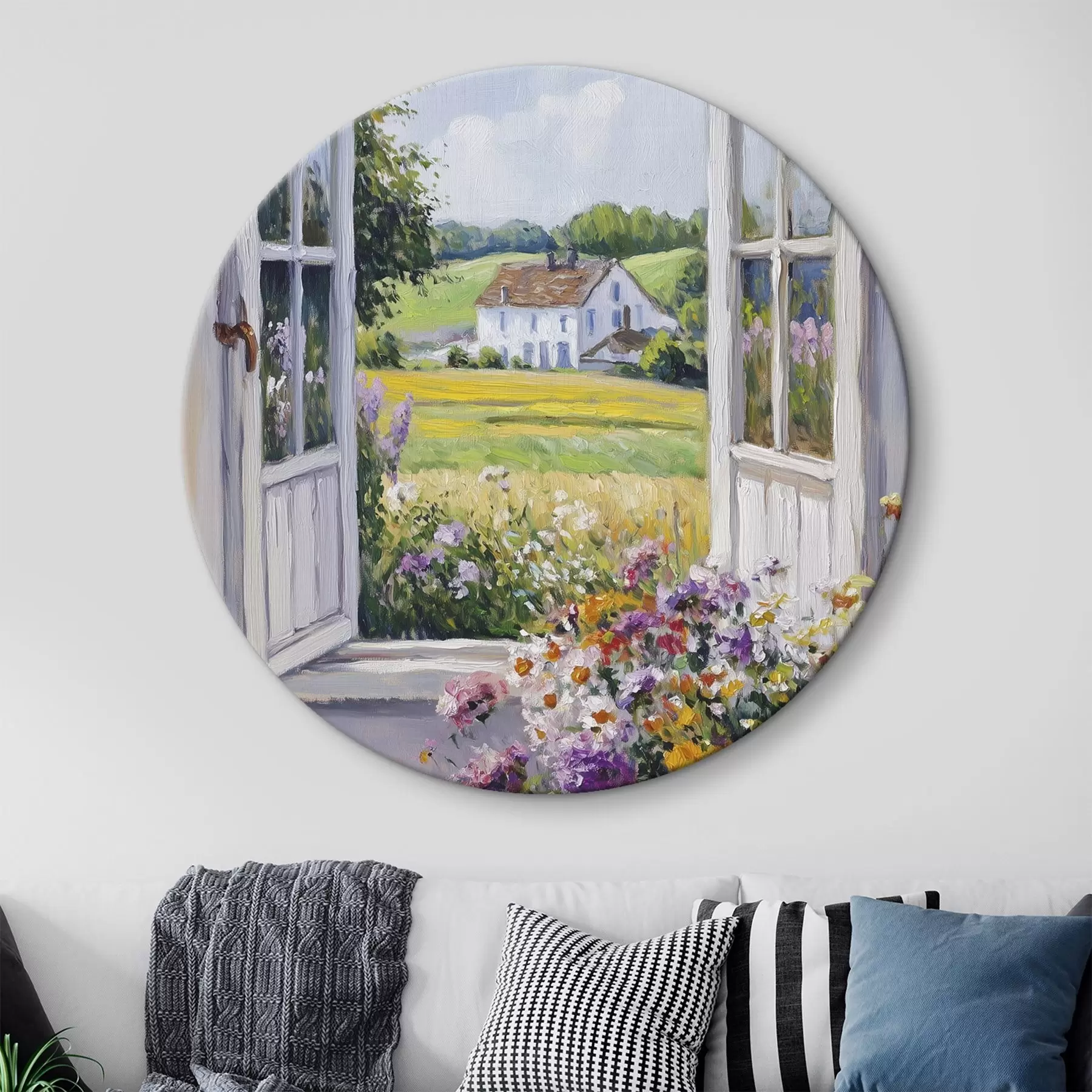 Fototapete Dorflandschaften im Holzfenster, Blumen, Felder, Öl-Stil, Bauernhaus r43888