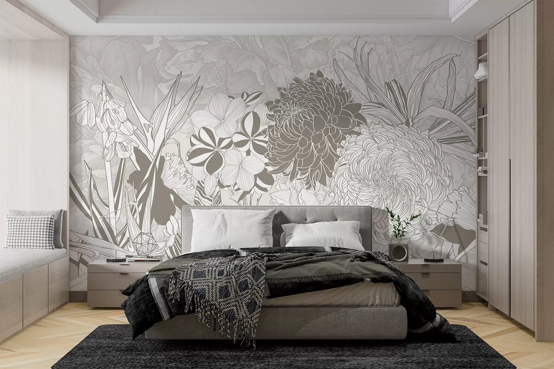 Fototapete Blumen und Blätter in Beigetönen, darunter Chrysanthemen, Plumeria und tropisches Laub, botanisches Design w08976