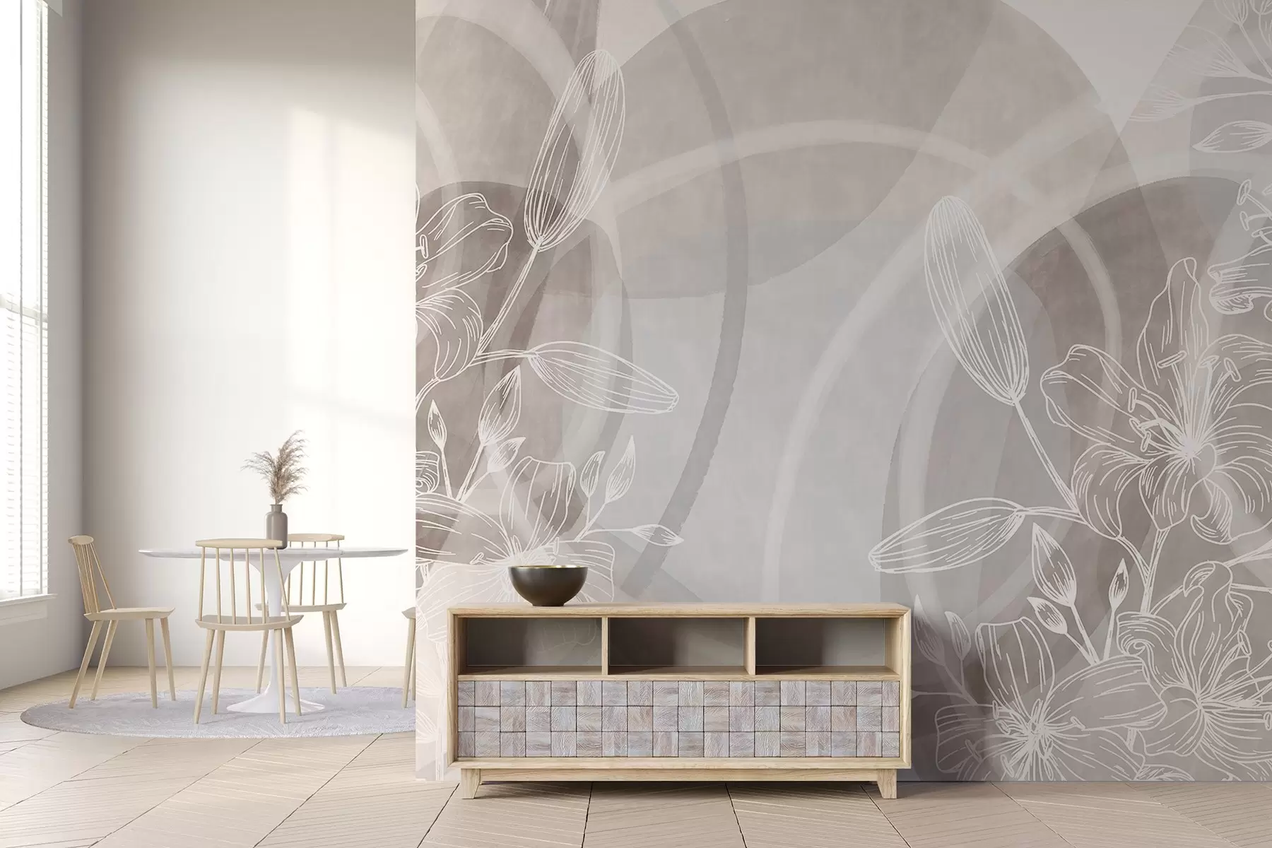 Fototapete Minimalistisches Blumendesign mit weißen Linienblüten und Blättern, sich überlappende abstrakte Kreise in Beige- und Blautönen w08979v1