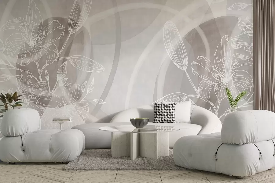 Fototapete Minimalistisches Blumendesign mit weißen Linienblüten und Blättern, sich überlappende abstrakte Kreise in Beige- und Blautönen w08979v1