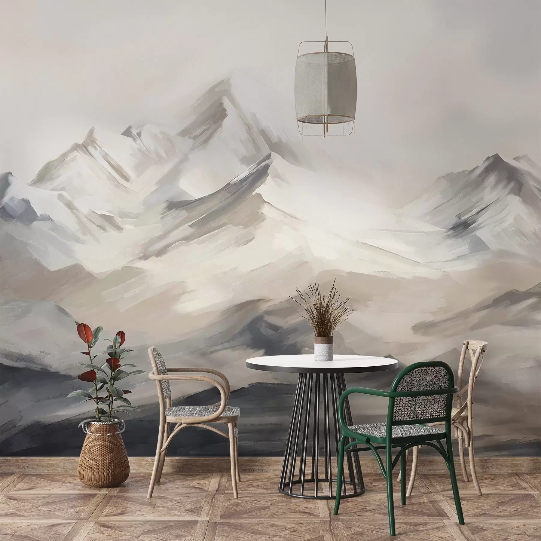 Fototapete Berge Landschaft mit hellem Himmel, Pinselstriche, neutrale beige und graue Farben, Bergkette  w08980