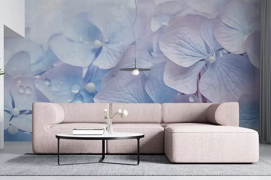 Fototapete Vintage strukturierte blaue und rosa Hortensienblüten mit Wassertropfen auf den Blütenblättern, verschwommener rosa Hintergrund w08981