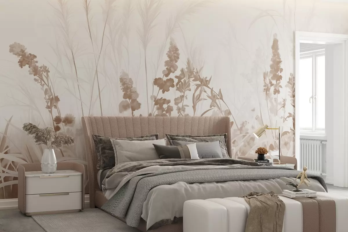 Fototapete Braune Blumen und beige Schilf in einem Feld, minimalistische Malerei Textur, hellen Hintergrund, weiche Farben, zarte Pinselstriche  w08982v1
