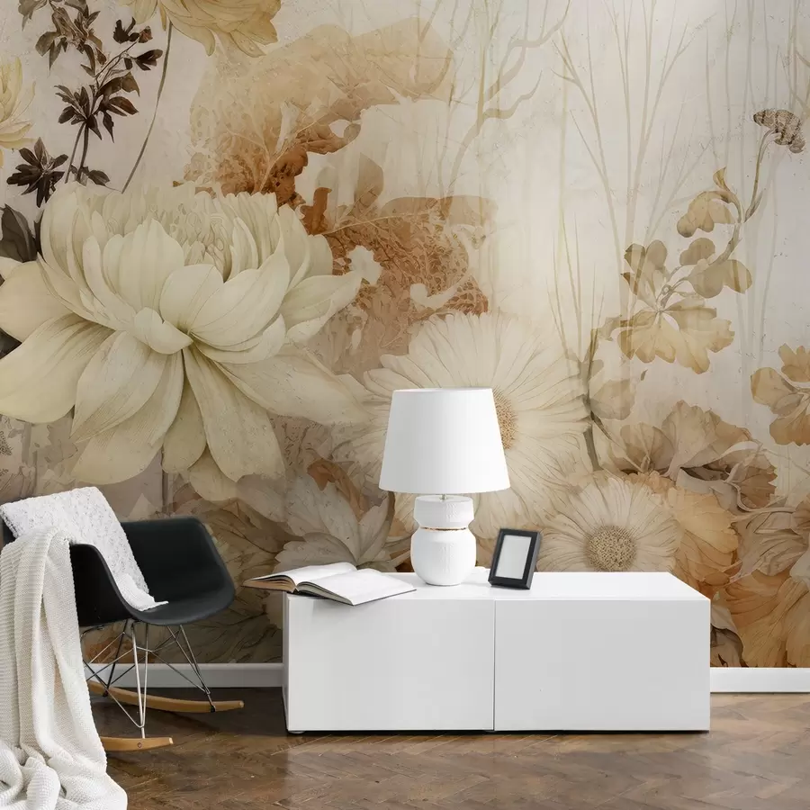 Fototapete Vintage-Blumen auf einer alten rissigen Wand w03654