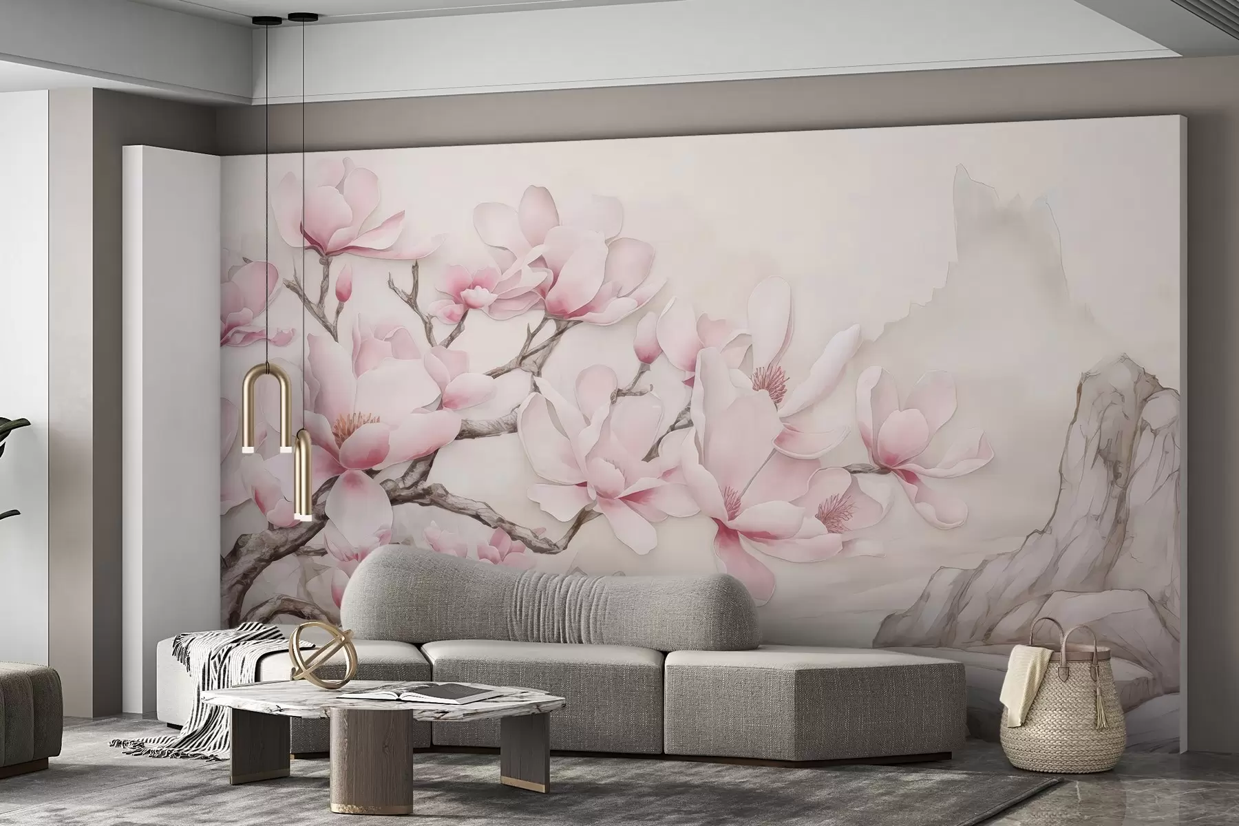 Fototapete Aquarell Magnolienzweig über einem Felsen w03655
