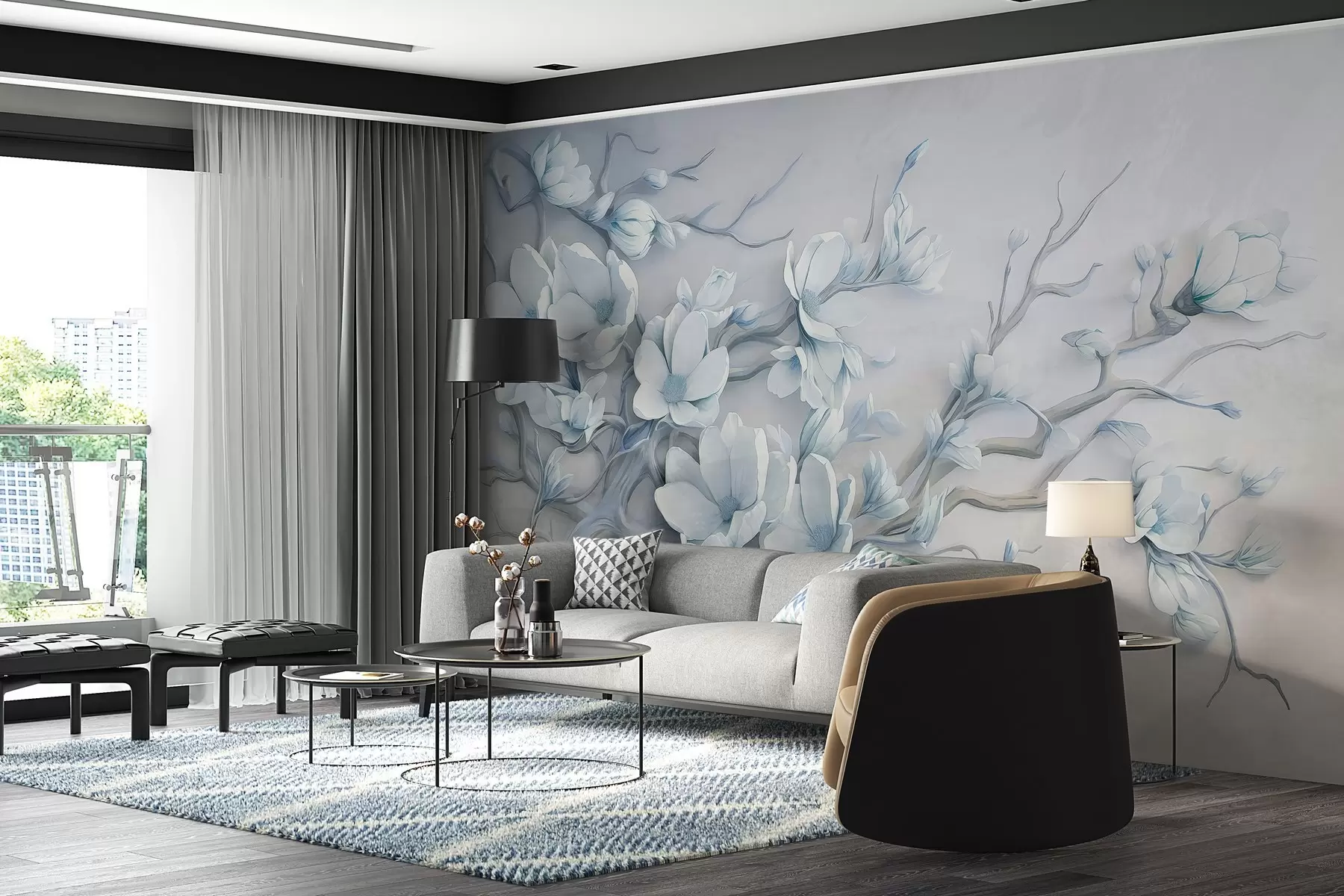 Fototapete Ein zarter Magnolienbaum, gemalt mit Aquarellfarben w03664v1