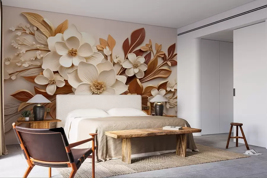 Fototapete 3D-Blumen mit Blättern im Origami-Stil in Beigetönen w08984