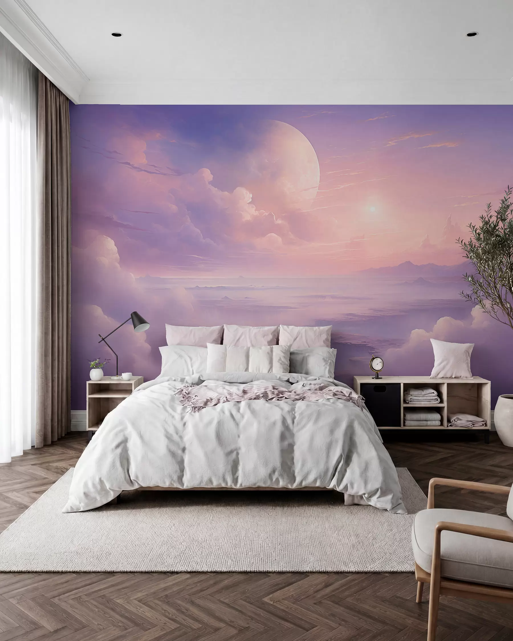 Fototapete Magischer lila-rosa Himmel mit Mond und Wolken w08986