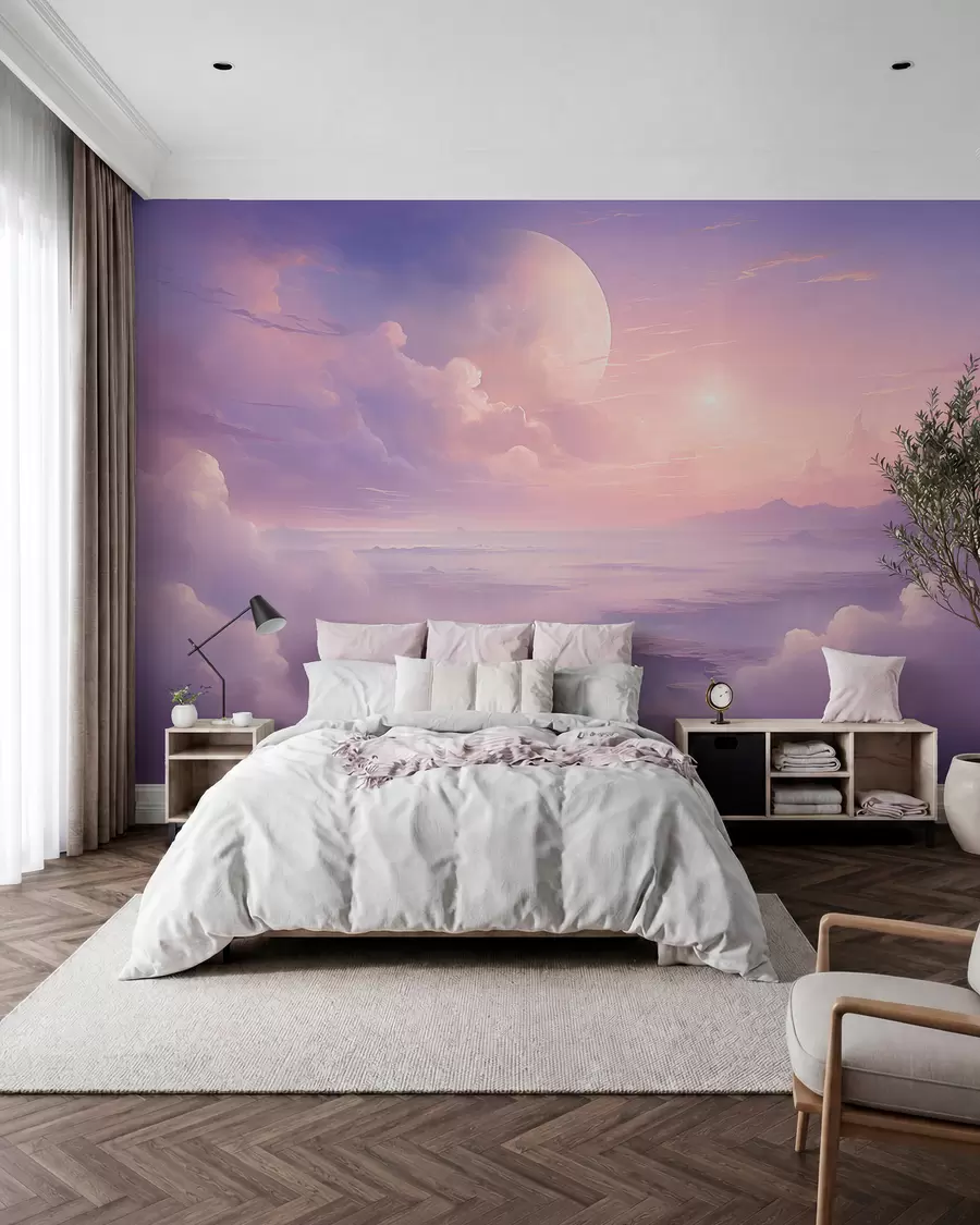 Fototapete Magischer lila-rosa Himmel mit Mond und Wolken w08986