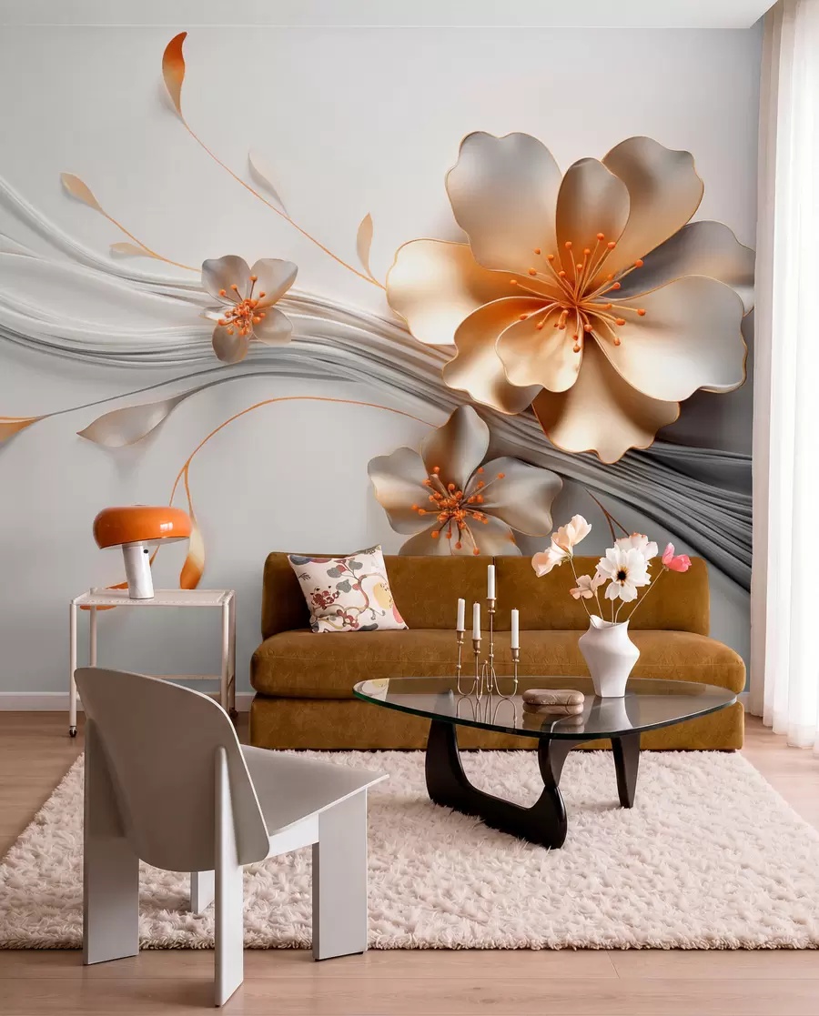 Fototapete Eine orangefarbene Blume auf einem grauen abstrakten Hintergrund w09004