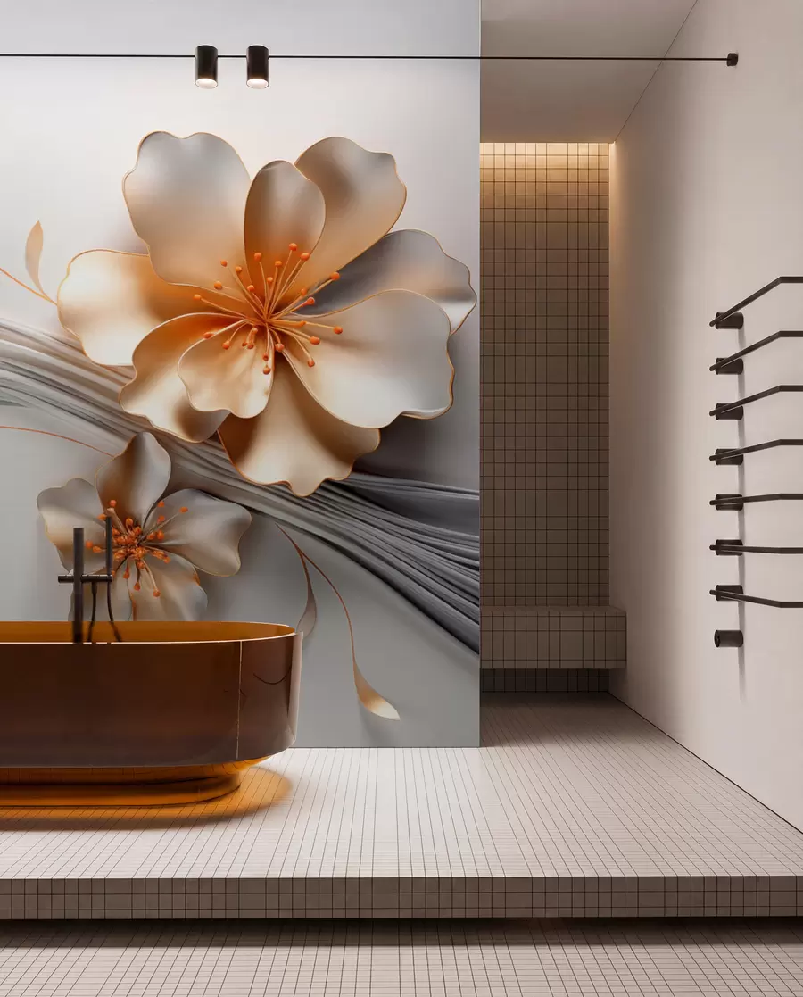 Fototapete Eine orangefarbene Blume auf einem grauen abstrakten Hintergrund w09004