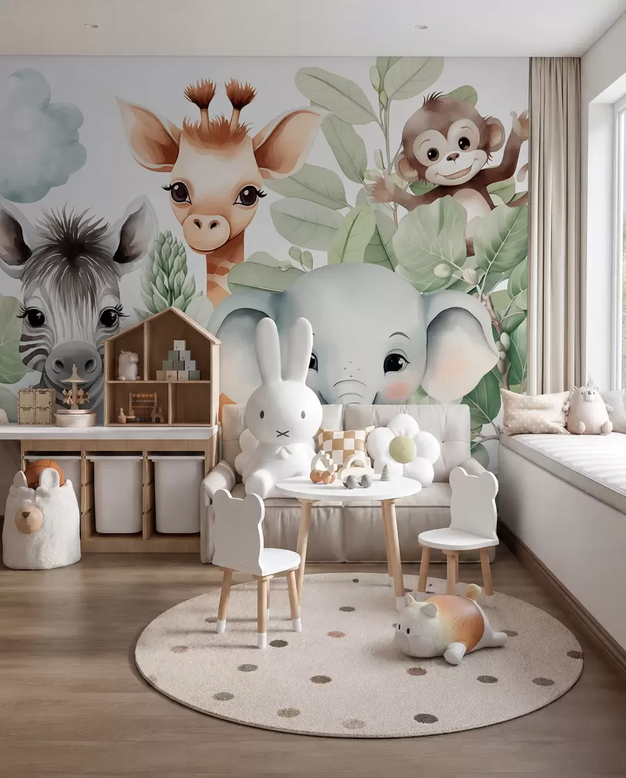 Fototapete Giraffe, Zebra, Elefant und Affe inmitten des Laubes w03677